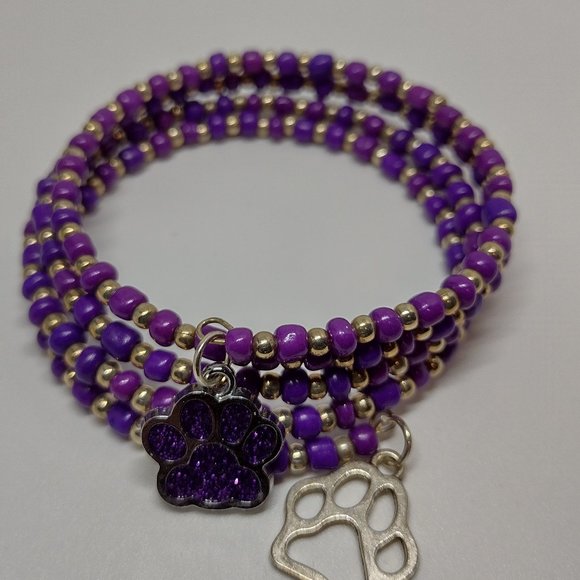 Violet Seed Bead 4 Stand  Memory Wire Bracelet with Silver Beads and Dog Paws - Picture 3 of 3